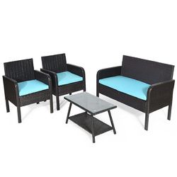 4 pcs Patio Rattan Wicker Table Chair Sofa Set with Cushion Seat