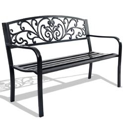 50" Patio Park Steel Frame Cast Iron Backrest Bench Porch Chair