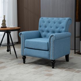 Mid-Century Modern Accent Chair, Linen Armchair w/Tufted Back/Wood Legs, Upholstered Lounge Arm Chair Single Sofa for Living Room Bedroom,Light Blue