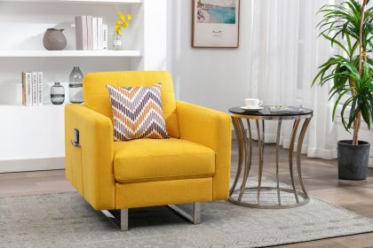 Victoria 33.5" Yellow Linen Fabric Armchair with Metal Legs, Side Pockets, and Pillow