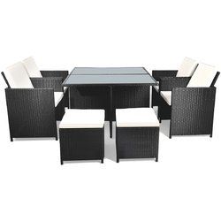 9 Pcs Patio Rattan Dining Set Chairs Ottoman Cushioned Glass Table Top