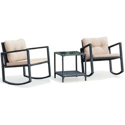 3 Pcs Patio Rattan Set Rocking Chair Cushioned Sofa Garden Furniture