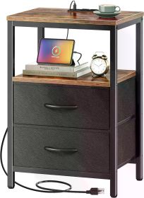 Nightstand with Charging Station, Side Table with Fabric Drawers, End Table with Open Shelf, Bedside Table USA