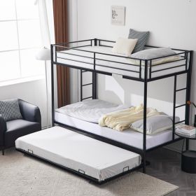 Twin Over Twin Bunk Bed with Trundle, Triple Bunk Beds for Kids Teens Adults, Metal Bunk Bed with Two Side Ladder and Guardrails, Black