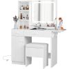 IRONCK Vanity Desk with LED Lighted Mirror & Power Outlet, Makeup Table with Drawers & Cabinet,Storage Stool,for Bedroom, White