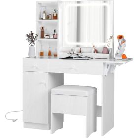 IRONCK Vanity Desk with LED Lighted Mirror & Power Outlet, Makeup Table with Drawers & Cabinet,Storage Stool,for Bedroom, White