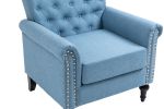 Mid-Century Modern Accent Chair, Linen Armchair w/Tufted Back/Wood Legs, Upholstered Lounge Arm Chair Single Sofa for Living Room Bedroom,Light Blue