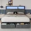 LED Queen Bed Frame with 2 Drawers,6-Side-Storage,2-Tier Storage Headboard and Charging Station, No Box Spring Needed, Bed Frame