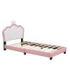 Twin size Upholstered Princess Bed With Crown Headboard,Twin Size Platform Bed with Headboard and Footboard,White+Pink