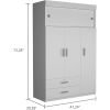 Modern White Bedroom Armoire, 2 Drawers, 3 Large Cabinets, Space-Saving Storage Solution