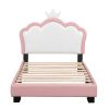 Twin size Upholstered Princess Bed With Crown Headboard,Twin Size Platform Bed with Headboard and Footboard,White+Pink