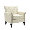 Mid-Century Modern Accent Chair, Linen Armchair w/Tufted Back/Wood Legs, Upholstered Lounge Arm Chair Single Sofa for Living Room Bedroom, Beige