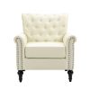 Mid-Century Modern Accent Chair, Linen Armchair w/Tufted Back/Wood Legs, Upholstered Lounge Arm Chair Single Sofa for Living Room Bedroom, Beige