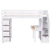 Twin size Loft Bed with Storage Drawers ,Desk and Stairs, Wooden Loft Bed with Shelves - White