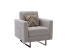 Victoria 33.5" Beige Linen Fabric Armchair with Metal Legs, Side Pockets, and Pillow