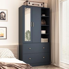 Wardrobe Armoire Closet with Mirror, 2 Door Wardrobe Cabinet with 2 Drawer & Extendable Hanging Rod, Bedroom Armoire Cabinet (Color: Blue)