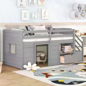 Twin Size Low loft Bed,Loft Bed with Storage,Modern Farmhouse Twin loft Bed for Kids,Game House and Drawers, Bookshelf Staircase (Color: Grey)