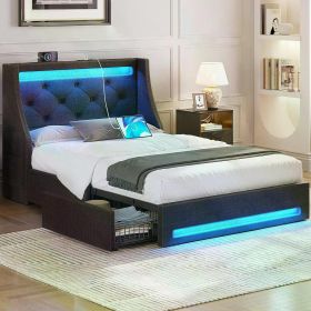 Twin Bed Frame with LED Lights and Charging Station, Upholstered Bed with Drawers, Wooden Slats, Noise Free, Easy Assembly (Color: Grey)