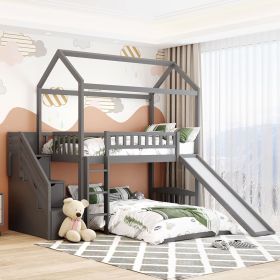 House Bunk Beds with Slide Wood Twin Bunk Bed with Stairs for Kids, House Bunk with Roof for Boys or Girls, No Box Spring Needed (Color: Gray (Slide))