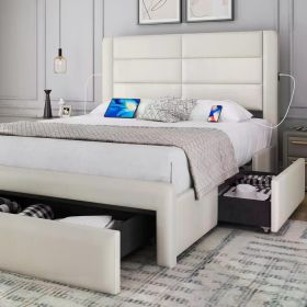 Queen Size Bed Frame with USB Charging Station/Port Storage Drawers,Leather Upholstered Platform Bed with Headboard86Lx63Wx41.5H (Color: Beige)