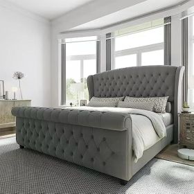 King Size Bed Frame, Chenille Upholstered Sleigh Beds with Scroll Wingback Headboard & Footboard/Button, King Size Bed Frame (Color: Grey)