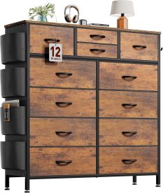 Dresser for Bedroom with 12 Drawers Chest of Drawers with Side Pockets and Hooks PU Fabric Dresser Drawers for Hallway, Entryway (Color: Rustic Brown)