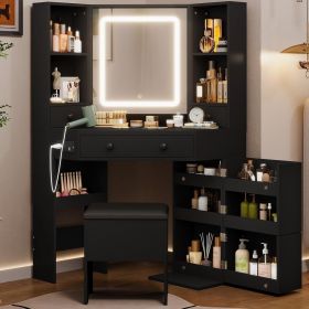 Corner Vanity Desk, Makeup Vanity with Mirror , Vanity Table with Rotating Shelves, Charging Station, Drawers ,dressing table (Color: Modern Black)