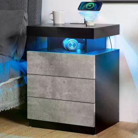 LED Nightstand Set of 2 for Bedroom with 3 Drawers, USB Port, Wireless Charging Station, Tall Wood Smart LED Nightstand (Color: Concrete Gray)