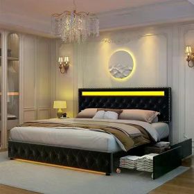 Queen Led Bed Frame with 4 Storage Drawers, with Smart Control LED Lights Headboard Footboard, Queen Size Bed Frame (Color: Black-velvet)