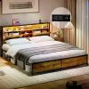 Bed Frame w/ Storage Headboard & Drawers, Metal Platform Bed w/ Charging Station, LED Bed Frame, Heavy Duty Steel Slats Support