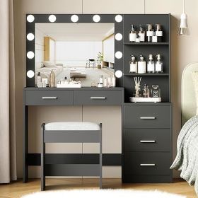 46.7" Makeup Vanity Table with Lighted Mirror, Large Vanity Desk with Storage Shelf & 5 Drawers, Bedroom Dressing Table (Color: Black)