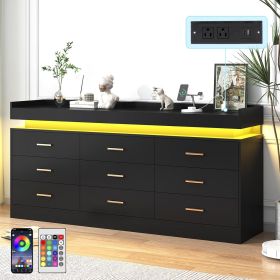 Bedroom Dresser, Drawer Dresser with LED Lights, Modern Chest of Drawers with Power Outlet, Organizer Cabinet for Bedroom, White (Color: Black)