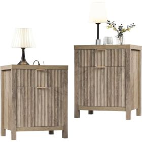 2 Drawer Nightstand,End Table with Charging Station,Night Stand with Fluted Panel,Bed Side Table Set of 2 (Color: Ash Oak-(2 Pack))