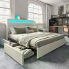 LED King Size Bed Frame with 4 Storage Drawers, LED Lights Headboard , with USB and USB-C Ports, King Size Bed Frame