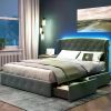 Queen size bed frame with headboard and 4 drawers, velvet upholstered bed frame, large platform bed frame with storage