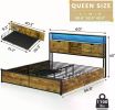 Bed Frame w/ Storage Headboard & Drawers, Metal Platform Bed w/ Charging Station, LED Bed Frame, Heavy Duty Steel Slats Support