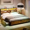 Bed Frame w/ Storage Headboard & Drawers, Metal Platform Bed w/ Charging Station, LED Bed Frame, Heavy Duty Steel Slats Support