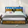 Bed Frame w/ Storage Headboard & Drawers, Metal Platform Bed w/ Charging Station, LED Bed Frame, Heavy Duty Steel Slats Support