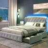 Queen size bed frame with headboard and 4 drawers, velvet upholstered bed frame, large platform bed frame with storage